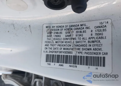 2015 Honda Civic Lx from USA, damaged, VIN 2HGFB2F5XFH505665